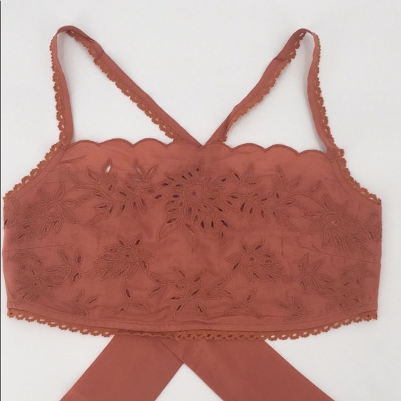 Free People Cassandra cross back crop top. Embroidered floral bronze colored. - Picture 9 of 11